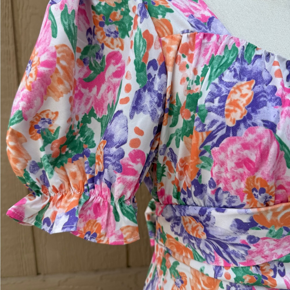 ZC Multicolor Floral Puff Sleeve Open Back Short Dress Sweetheart Neck (L) - Picture 3 of 13